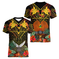 Papua New Guinea Western Province Women V Neck T Shirt Papua Niugini Coat Of Arms With Flag Style LT14 - Polynesian Pride