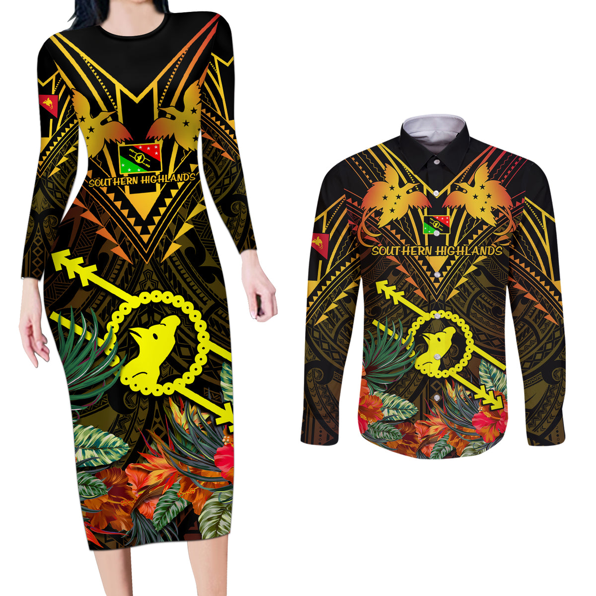 Papua New Guinea Southern Highlands Province Couples Matching Long Sleeve Bodycon Dress and Long Sleeve Button Shirts Papua Niugini Coat Of Arms With Flag Style LT14 Black - Polynesian Pride