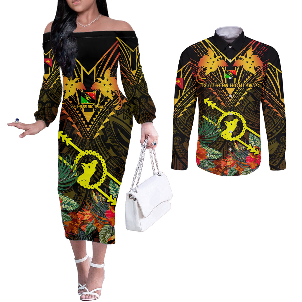 Papua New Guinea Southern Highlands Province Couples Matching Off The Shoulder Long Sleeve Dress and Long Sleeve Button Shirts Papua Niugini Coat Of Arms With Flag Style LT14 Black - Polynesian Pride
