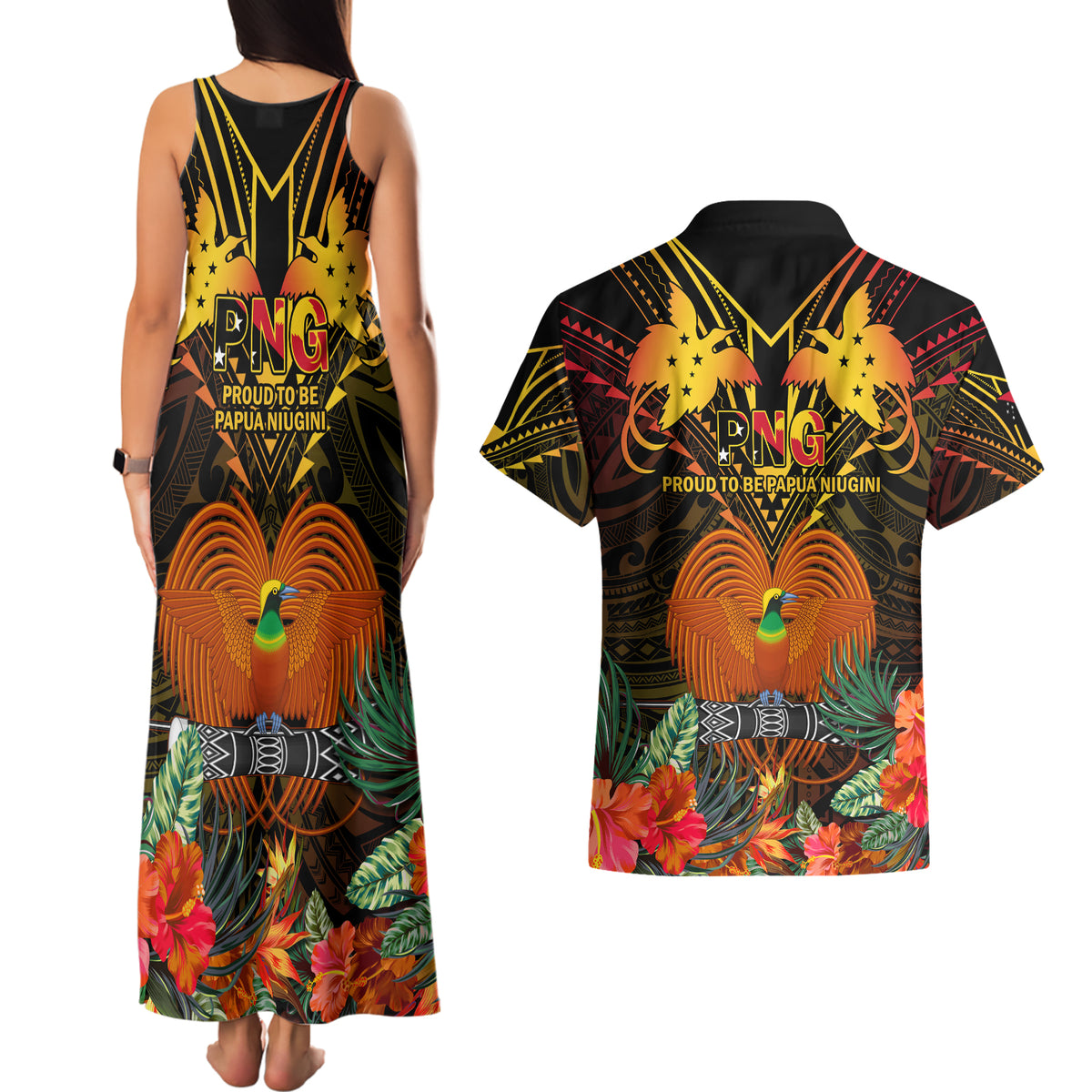 Papua New Guinea Southern Highlands Province Couples Matching Tank Maxi Dress and Hawaiian Shirt Papua Niugini Coat Of Arms With Flag Style LT14 - Polynesian Pride