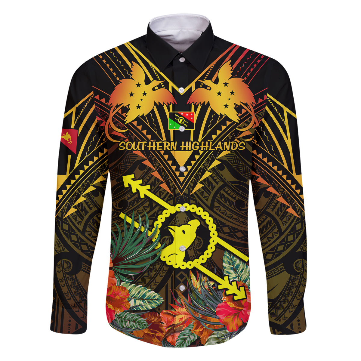 Papua New Guinea Southern Highlands Province Family Matching Long Sleeve Bodycon Dress and Hawaiian Shirt Papua Niugini Coat Of Arms With Flag Style LT14 Dad's Shirt - Long Sleeve Black - Polynesian Pride