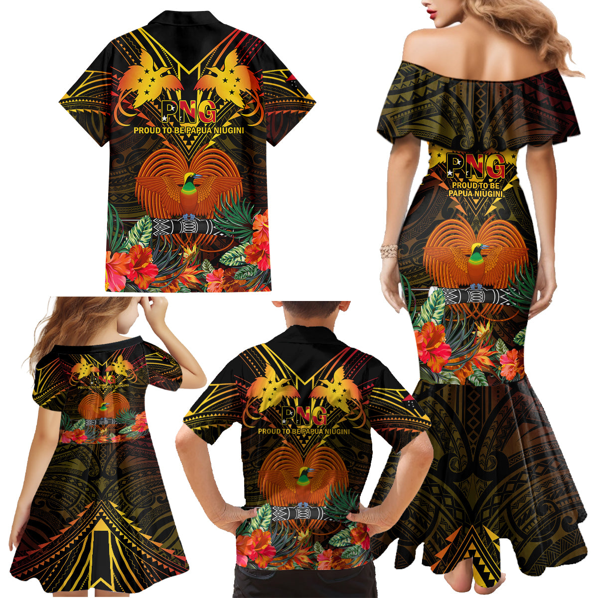 Papua New Guinea Southern Highlands Province Family Matching Mermaid Dress and Hawaiian Shirt Papua Niugini Coat Of Arms With Flag Style LT14 - Polynesian Pride