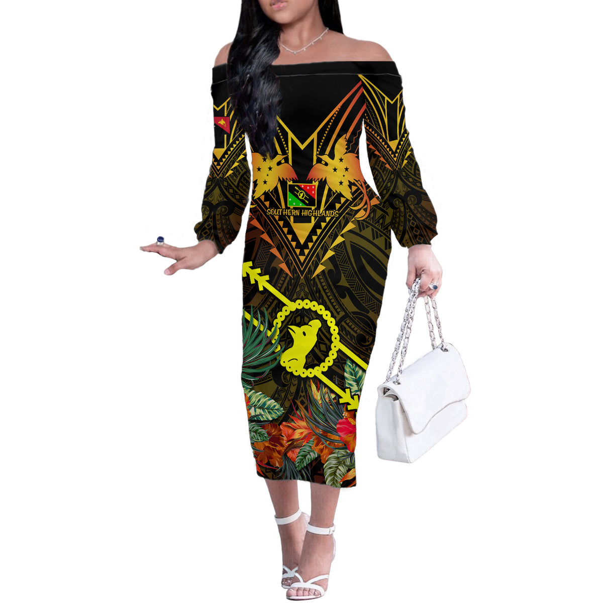 Papua New Guinea Southern Highlands Province Off The Shoulder Long Sleeve Dress Papua Niugini Coat Of Arms With Flag Style LT14 Women Black - Polynesian Pride