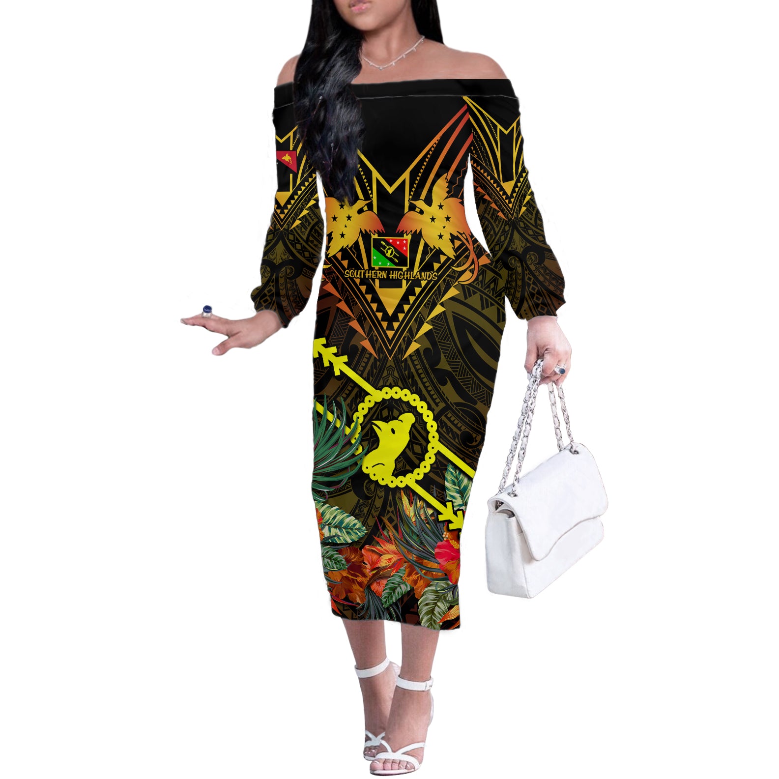 Papua New Guinea Southern Highlands Province Off The Shoulder Long Sleeve Dress Papua Niugini Coat Of Arms With Flag Style LT14 Women Black - Polynesian Pride