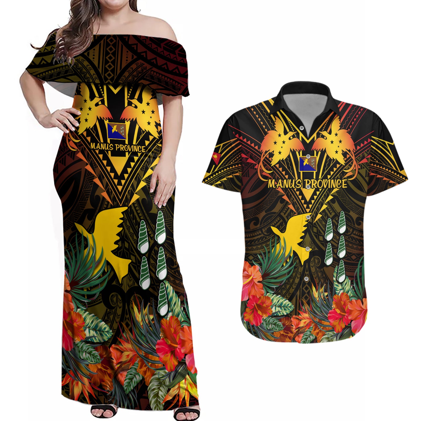 papua-new-guinea-manus-province-couples-matching-off-shoulder-maxi-dress-and-hawaiian-shirt-papua-niugini-coat-of-arms-with-flag-style