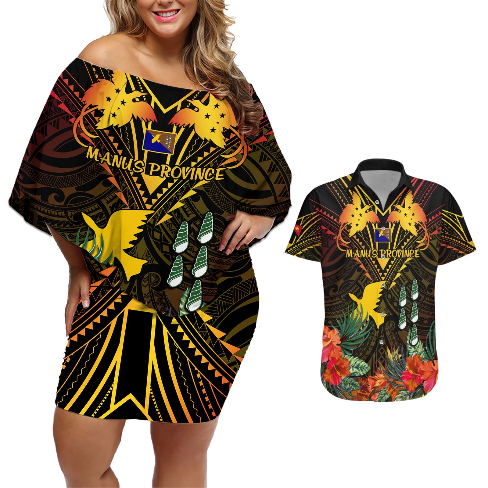 papua-new-guinea-manus-province-couples-matching-off-shoulder-short-dress-and-hawaiian-shirt-papua-niugini-coat-of-arms-with-flag-style