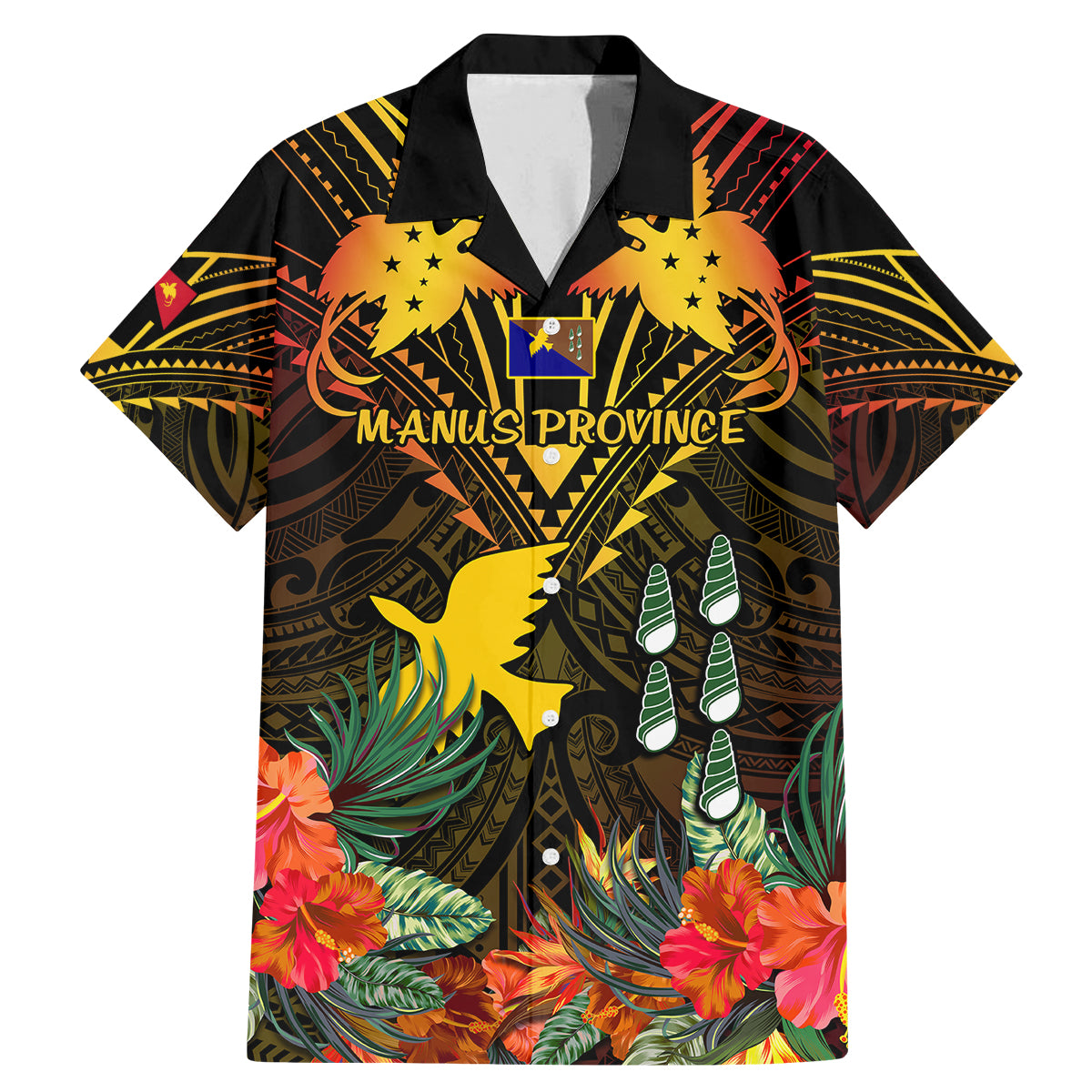 Papua New Guinea Manus Province Family Matching Mermaid Dress and Hawaiian Shirt Papua Niugini Coat Of Arms With Flag Style LT14 Dad's Shirt - Short Sleeve Black - Polynesian Pride