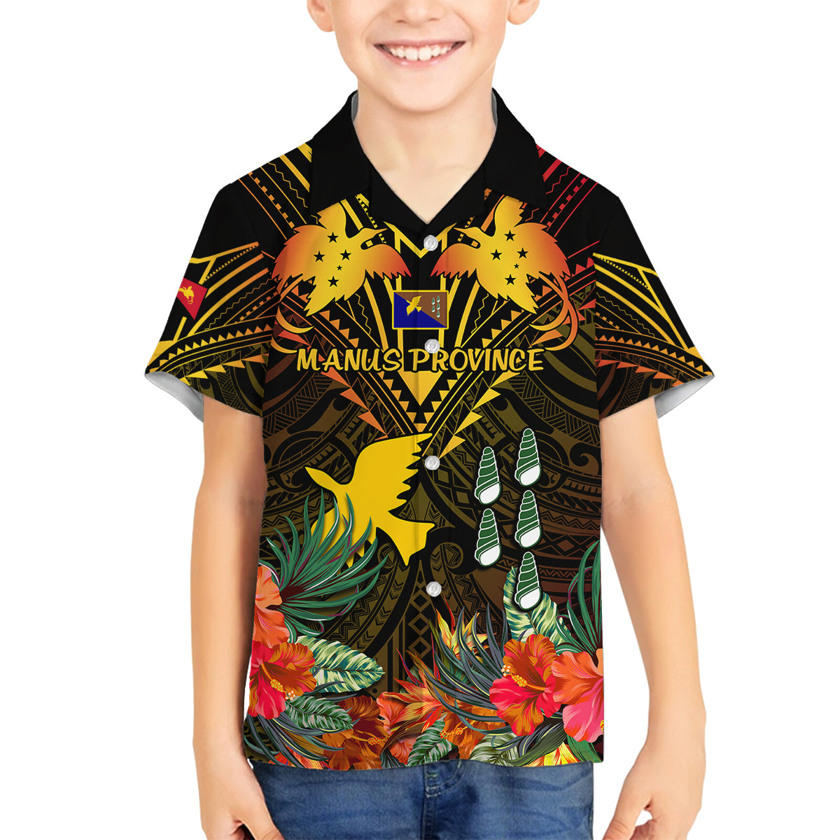Papua New Guinea Manus Province Family Matching Summer Maxi Dress and Hawaiian Shirt Papua Niugini Coat Of Arms With Flag Style LT14 Son's Shirt Black - Polynesian Pride