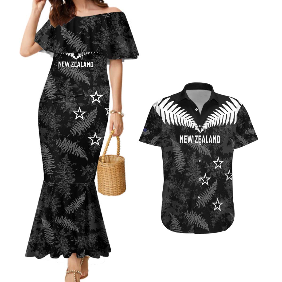 Custom New Zealand Silver Fern Football Couples Matching Mermaid Dress and Hawaiian Shirt Go Aotearoa Grunge Black - Polynesian Pride