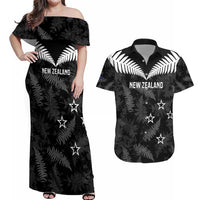 Custom New Zealand Silver Fern Football Couples Matching Off Shoulder Maxi Dress and Hawaiian Shirt Go Aotearoa Grunge Black LT14 Black - Polynesian Pride