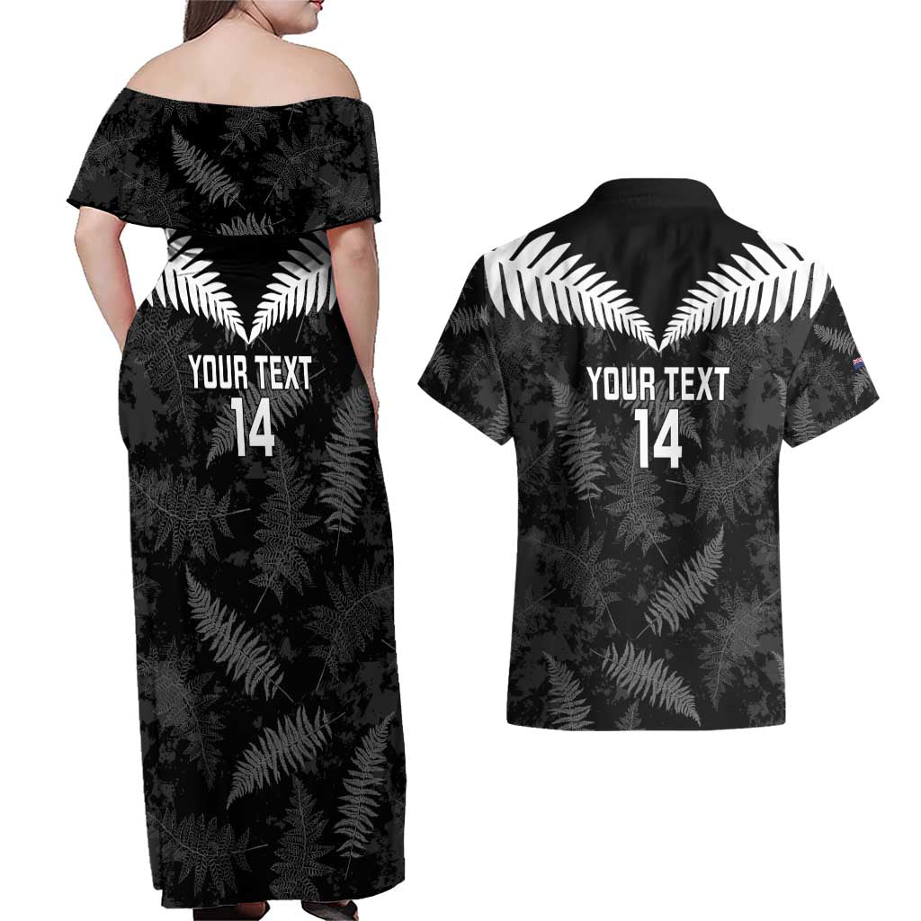 Custom New Zealand Silver Fern Football Couples Matching Off Shoulder Maxi Dress and Hawaiian Shirt Go Aotearoa Grunge Black LT14 - Polynesian Pride