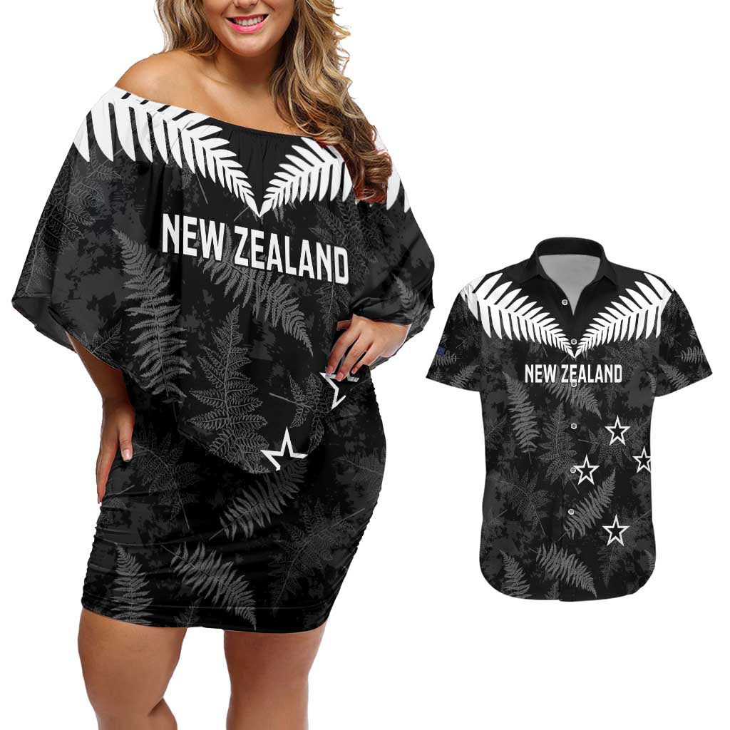 Custom New Zealand Silver Fern Football Couples Matching Off Shoulder Short Dress and Hawaiian Shirt Go Aotearoa Grunge Black - Polynesian Pride