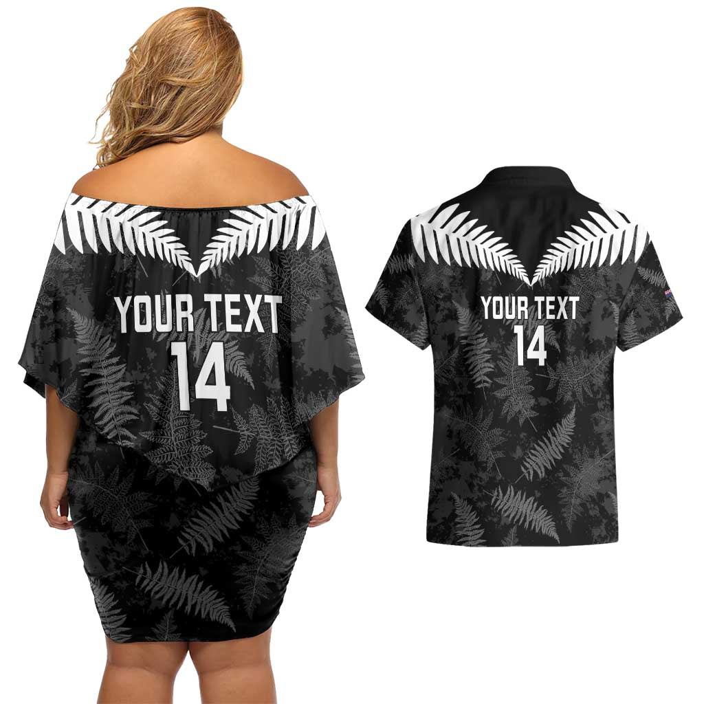 Custom New Zealand Silver Fern Football Couples Matching Off Shoulder Short Dress and Hawaiian Shirt Go Aotearoa Grunge Black LT14 - Polynesian Pride