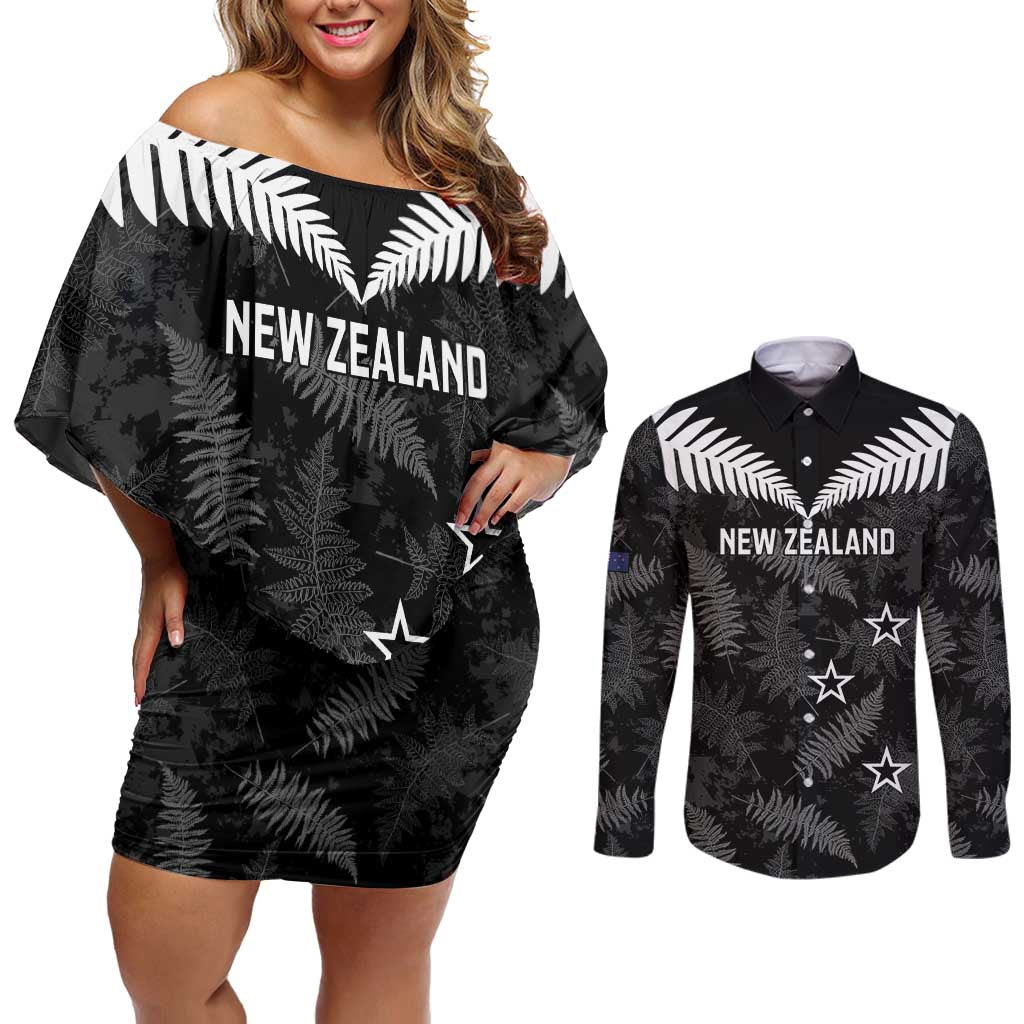 Custom New Zealand Silver Fern Football Couples Matching Off Shoulder Short Dress and Long Sleeve Button Shirt Go Aotearoa Grunge Black LT14 Black - Polynesian Pride