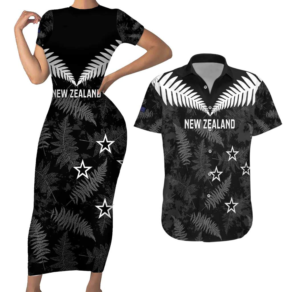 Custom New Zealand Silver Fern Football Couples Matching Short Sleeve Bodycon Dress and Hawaiian Shirt Go Aotearoa Grunge Black - Polynesian Pride