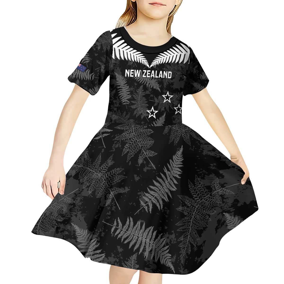Custom New Zealand Silver Fern Football Kid Short Sleeve Dress Go Aotearoa Grunge Black LT14 - Polynesian Pride