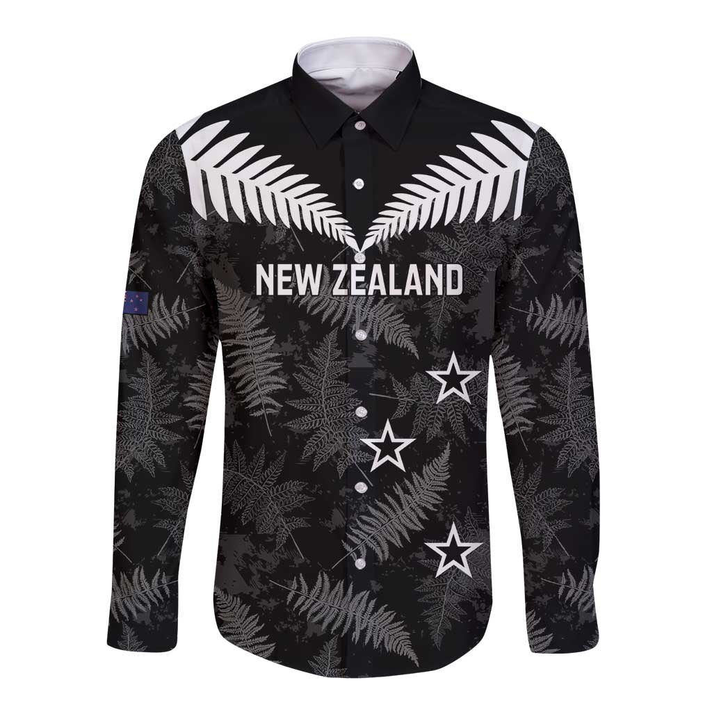 Custom New Zealand Silver Fern Football Long Sleeve Button Shirt Go Aotearoa Grunge Black - Polynesian Pride