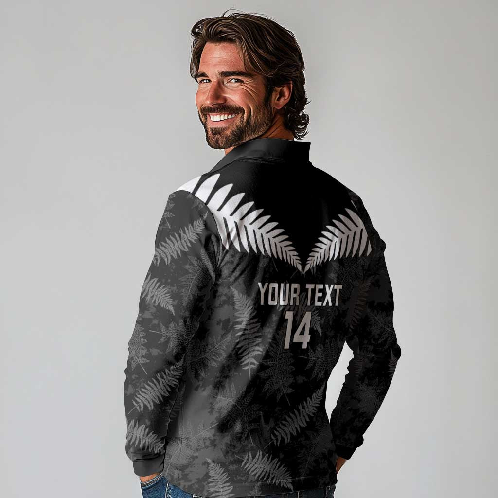 Custom New Zealand Silver Fern Football Long Sleeve Polo Shirt Go Aotearoa Grunge Black LT14 - Polynesian Pride