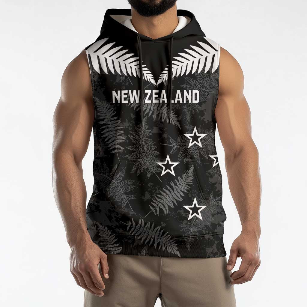 Custom New Zealand Silver Fern Football Sleeveless Hoodie Go Aotearoa Grunge Black LT14 - Polynesian Pride