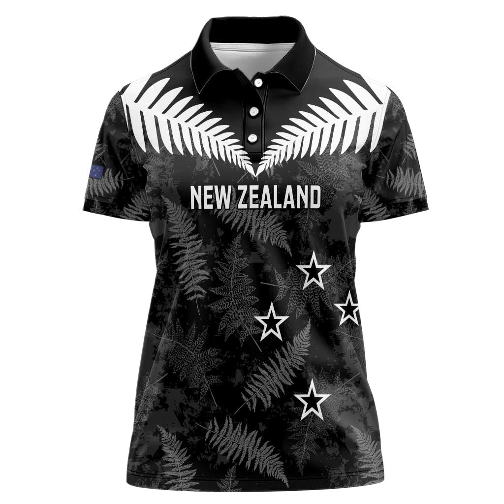 Custom New Zealand Silver Fern Football Women Polo Shirt Go Aotearoa Grunge Black LT14 Female Black - Polynesian Pride