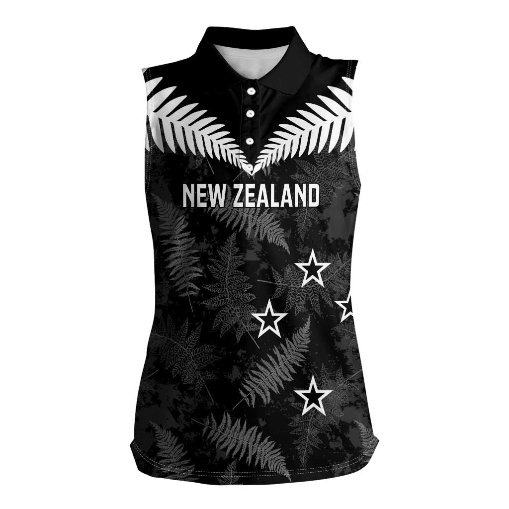Custom New Zealand Silver Fern Football Women Sleeveless Polo Shirt Go Aotearoa Grunge Black - Polynesian Pride