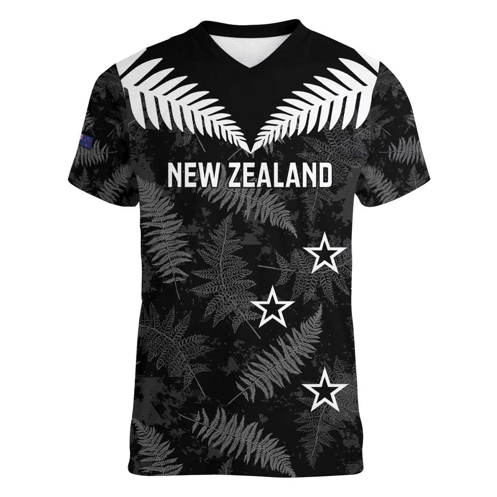 Custom New Zealand Silver Fern Football Women V-Neck T-Shirt Go Aotearoa Grunge Black LT14 Female Black - Polynesian Pride