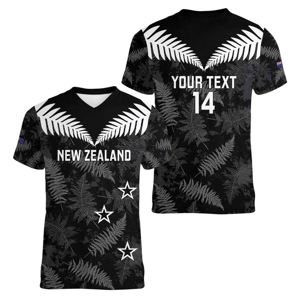 Custom New Zealand Silver Fern Football Women V-Neck T-Shirt Go Aotearoa Grunge Black LT14 - Polynesian Pride
