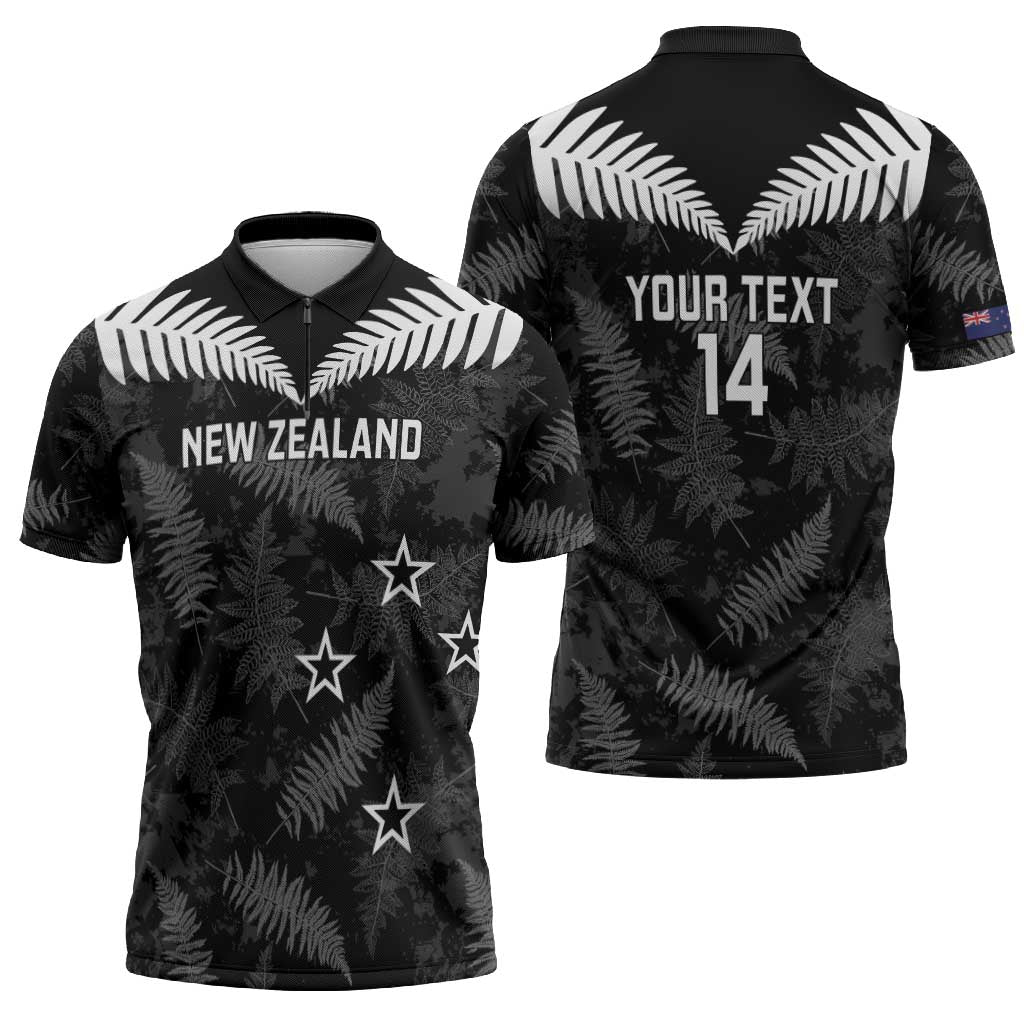 Custom New Zealand Silver Fern Football Zipper Polo Shirt Go Aotearoa Grunge Black LT14 - Polynesian Pride