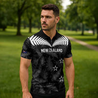 Custom New Zealand Silver Fern Football Zipper Polo Shirt Go Aotearoa Grunge Black LT14 - Polynesian Pride