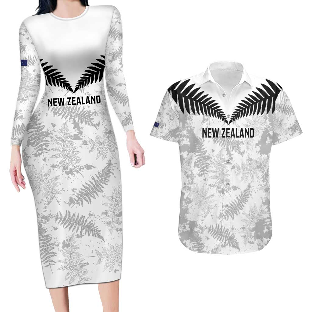 Custom New Zealand Silver Fern Football Couples Matching Long Sleeve Bodycon Dress and Hawaiian Shirt Go Aotearoa Grunge White - Polynesian Pride