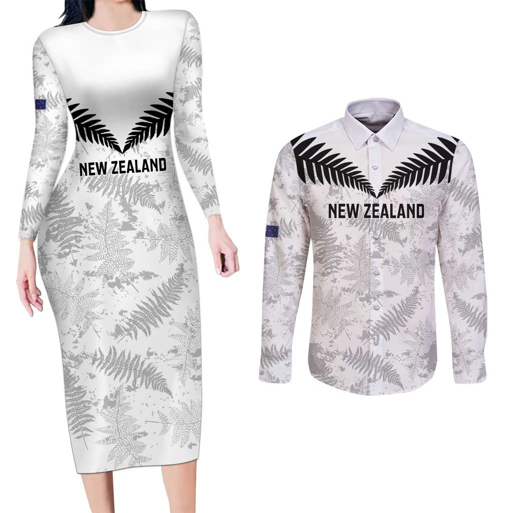 Custom New Zealand Silver Fern Football Couples Matching Long Sleeve Bodycon Dress and Long Sleeve Button Shirt Go Aotearoa Grunge White - Polynesian Pride