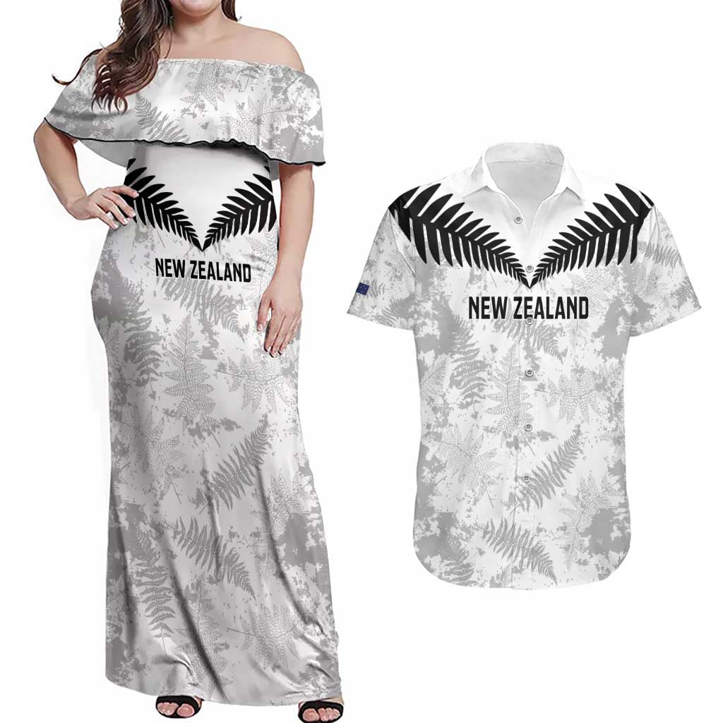 Custom New Zealand Silver Fern Football Couples Matching Off Shoulder Maxi Dress and Hawaiian Shirt Go Aotearoa Grunge White LT14 White - Polynesian Pride