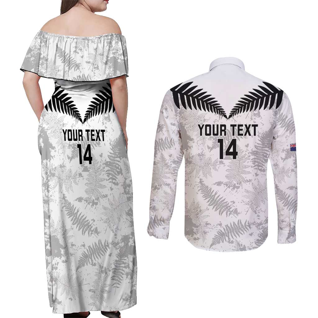 Custom New Zealand Silver Fern Football Couples Matching Off Shoulder Maxi Dress and Long Sleeve Button Shirt Go Aotearoa Grunge White LT14 - Polynesian Pride