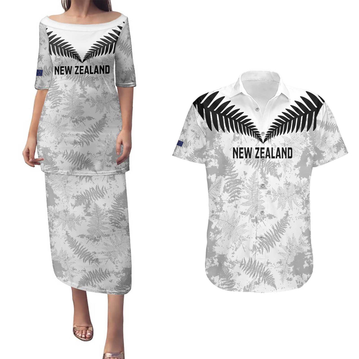 Custom New Zealand Silver Fern Football Couples Matching Puletasi and Hawaiian Shirt Go Aotearoa Grunge White - Polynesian Pride