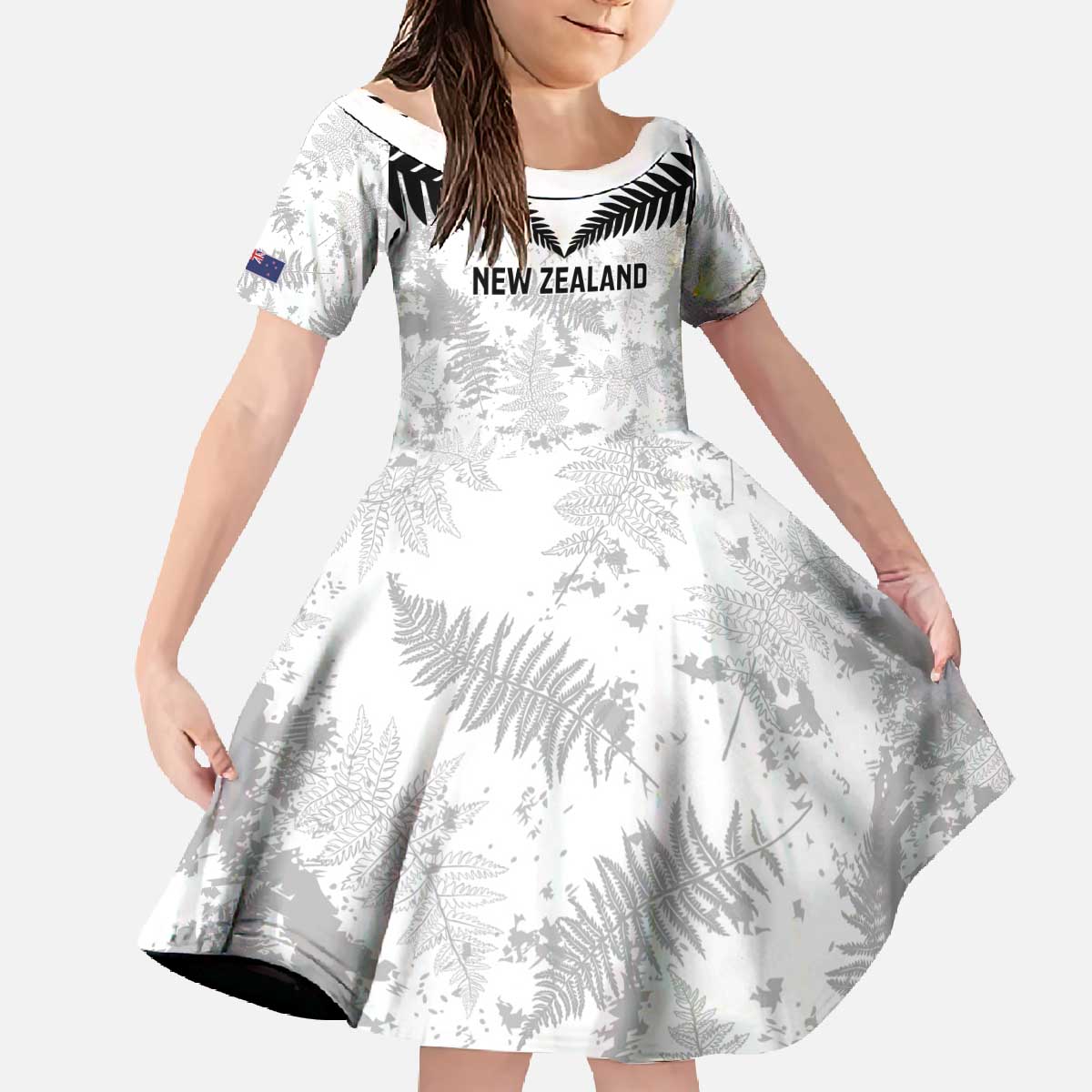 Custom New Zealand Silver Fern Football Family Matching Off The Shoulder Long Sleeve Dress and Hawaiian Shirt Go Aotearoa Grunge White - Polynesian Pride