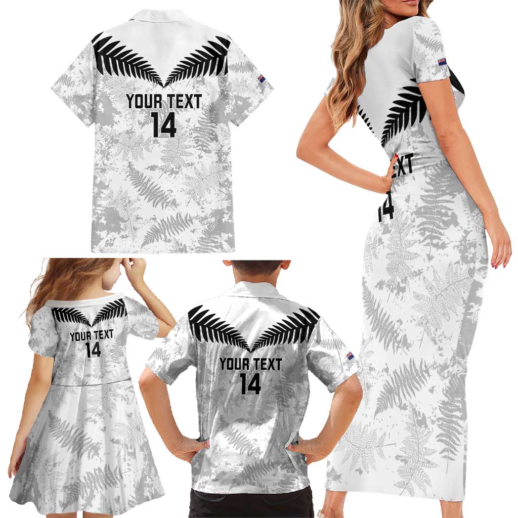Custom New Zealand Silver Fern Football Family Matching Short Sleeve Bodycon Dress and Hawaiian Shirt Go Aotearoa Grunge White - Polynesian Pride