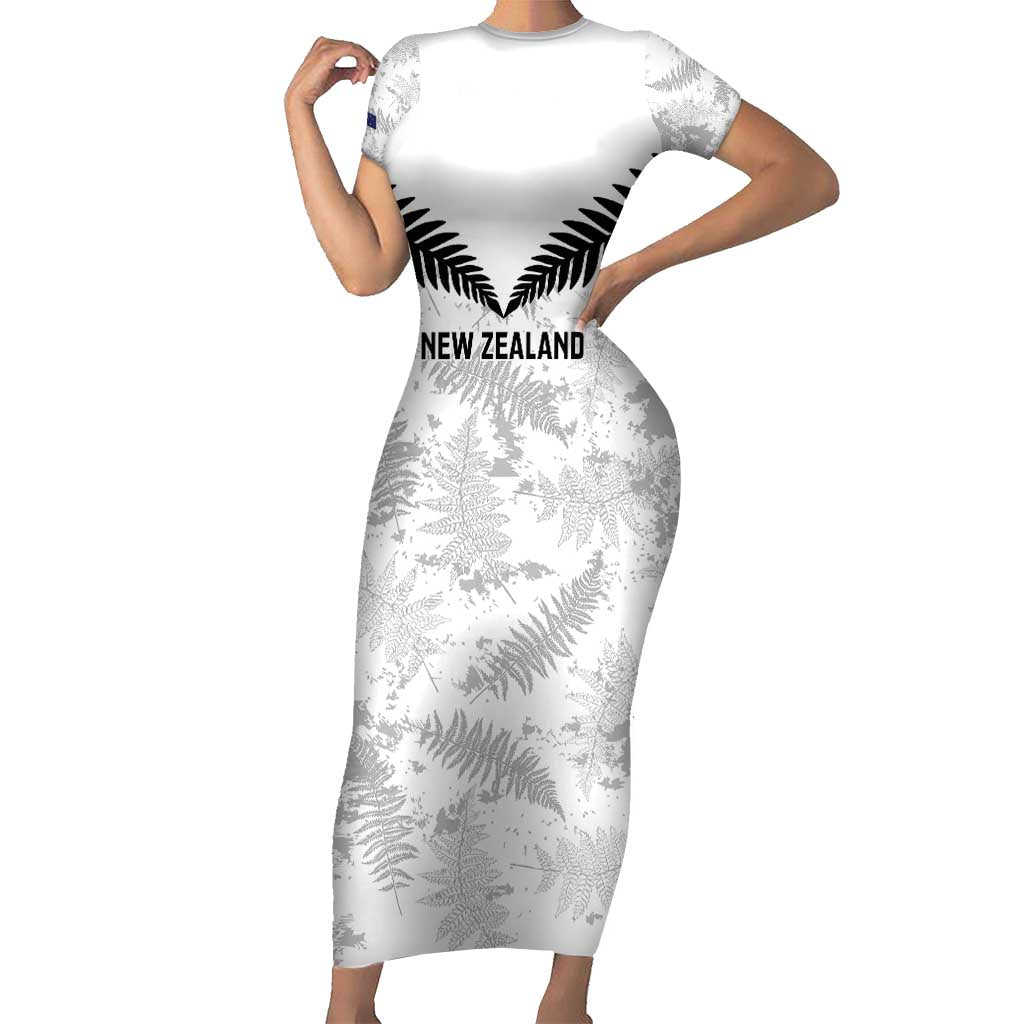Custom New Zealand Silver Fern Football Family Matching Short Sleeve Bodycon Dress and Hawaiian Shirt Go Aotearoa Grunge White - Polynesian Pride