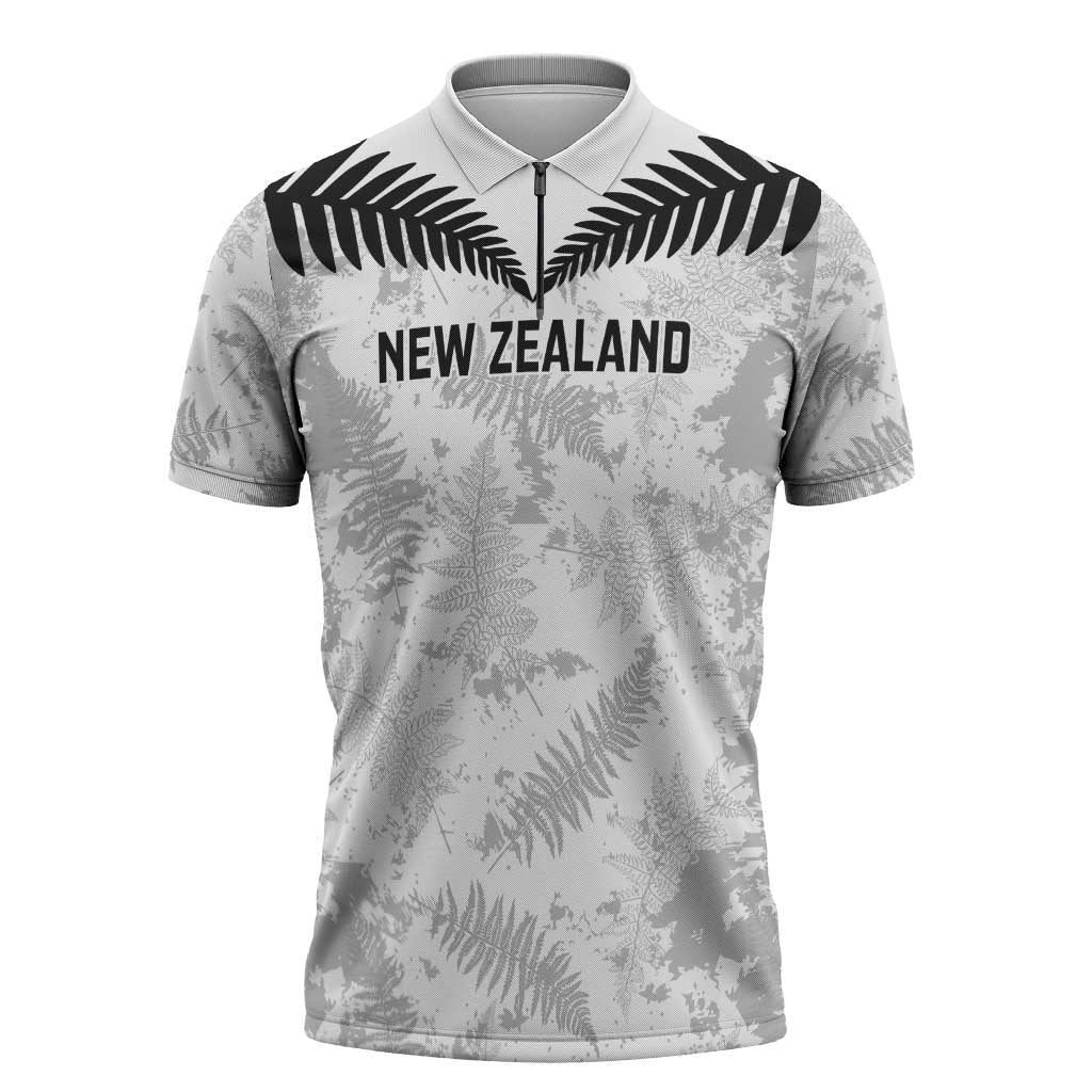 Custom New Zealand Silver Fern Football Zipper Polo Shirt Go Aotearoa Grunge White LT14 White - Polynesian Pride