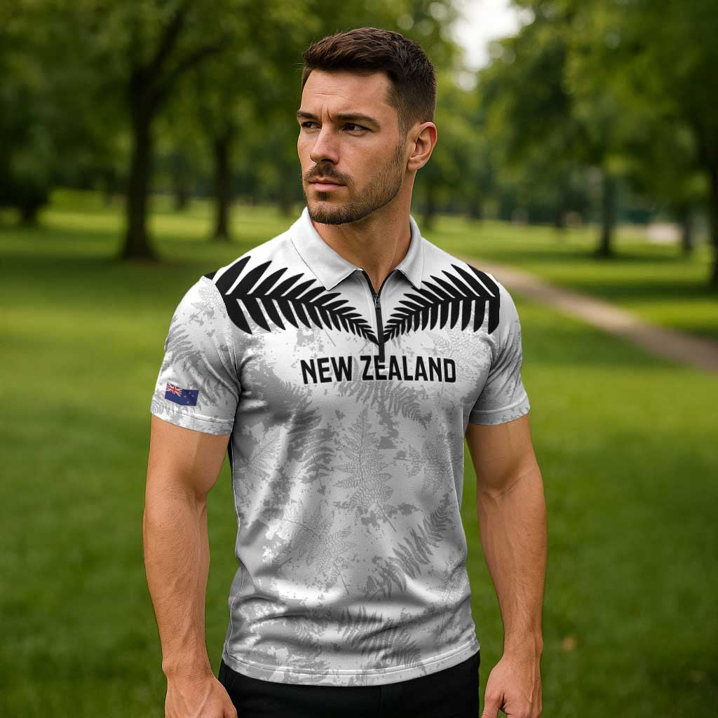 Custom New Zealand Silver Fern Football Zipper Polo Shirt Go Aotearoa Grunge White LT14 - Polynesian Pride