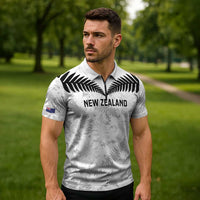 Custom New Zealand Silver Fern Football Zipper Polo Shirt Go Aotearoa Grunge White LT14 - Polynesian Pride