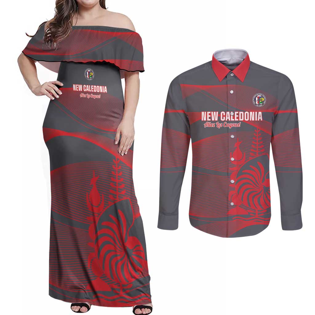 Custom New Caledonia Football Couples Matching Off Shoulder Maxi Dress and Long Sleeve Button Shirt Allez Les Cagous Grey Version LT14 Grey - Polynesian Pride