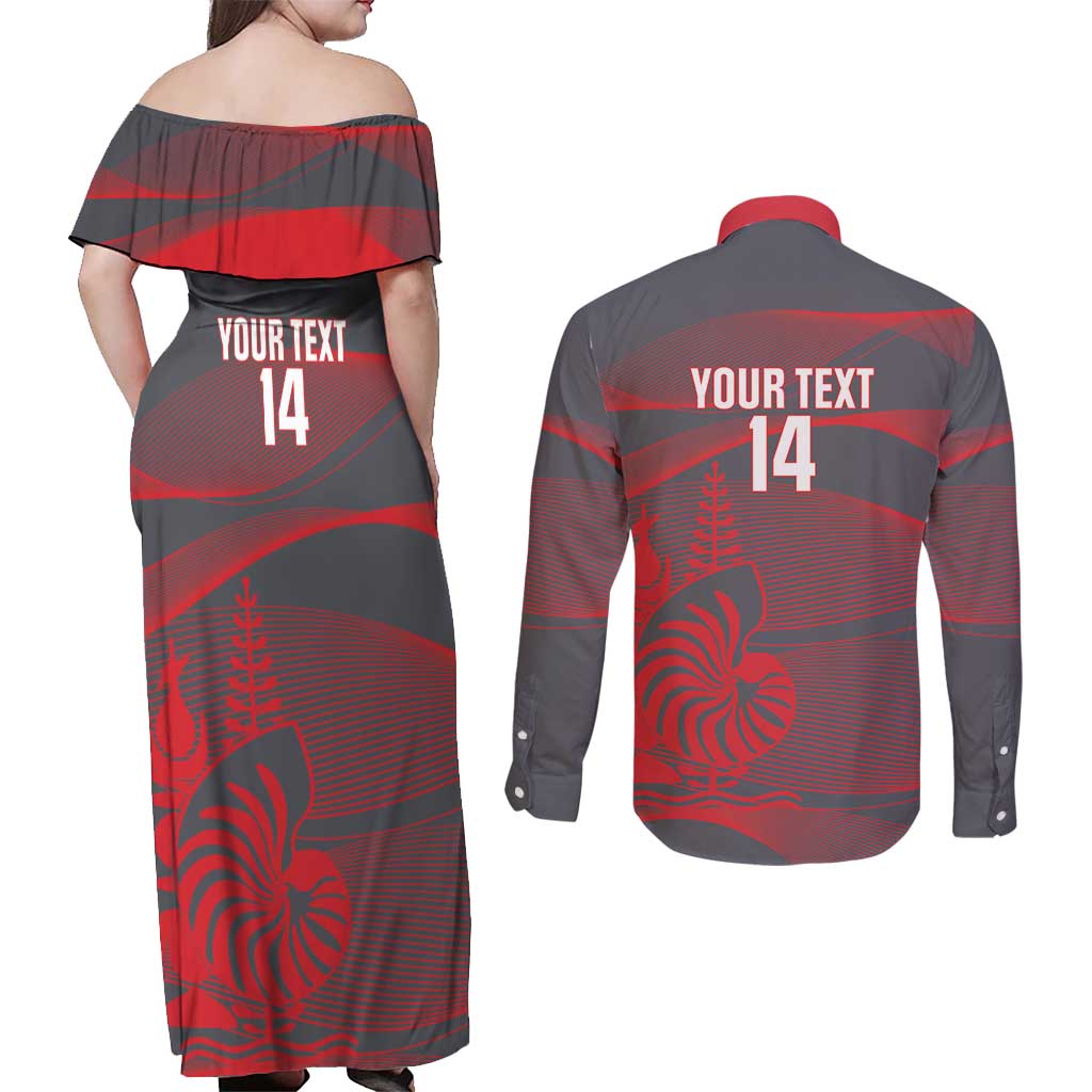 Custom New Caledonia Football Couples Matching Off Shoulder Maxi Dress and Long Sleeve Button Shirt Allez Les Cagous Grey Version LT14 - Polynesian Pride