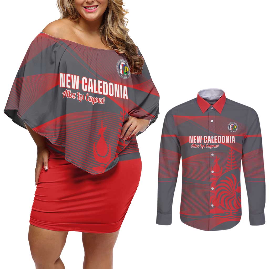 Custom New Caledonia Football Couples Matching Off Shoulder Short Dress and Long Sleeve Button Shirt Allez Les Cagous Grey Version LT14 Grey - Polynesian Pride
