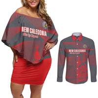 Custom New Caledonia Football Couples Matching Off Shoulder Short Dress and Long Sleeve Button Shirt Allez Les Cagous Grey Version LT14 Grey - Polynesian Pride