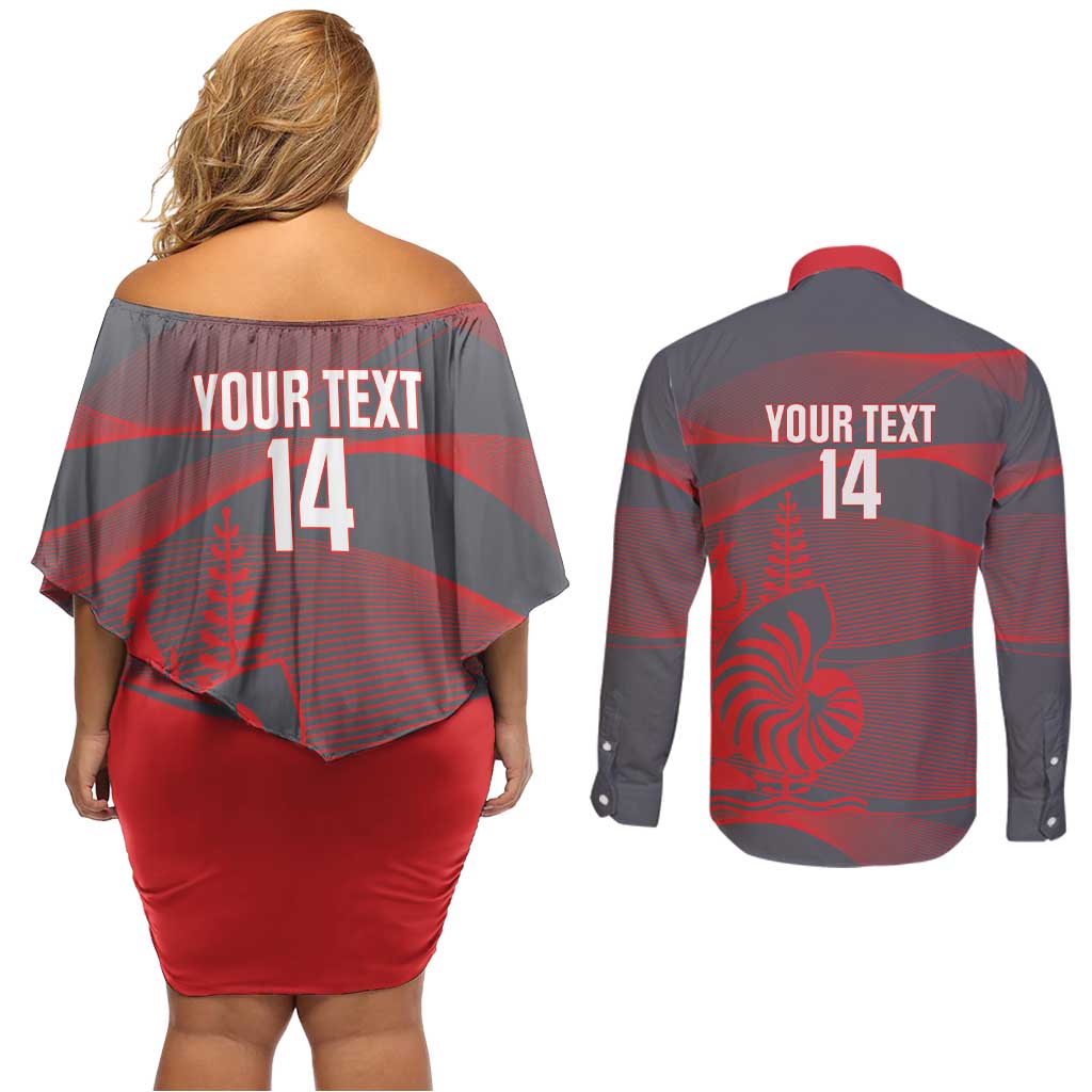 Custom New Caledonia Football Couples Matching Off Shoulder Short Dress and Long Sleeve Button Shirt Allez Les Cagous Grey Version LT14 - Polynesian Pride