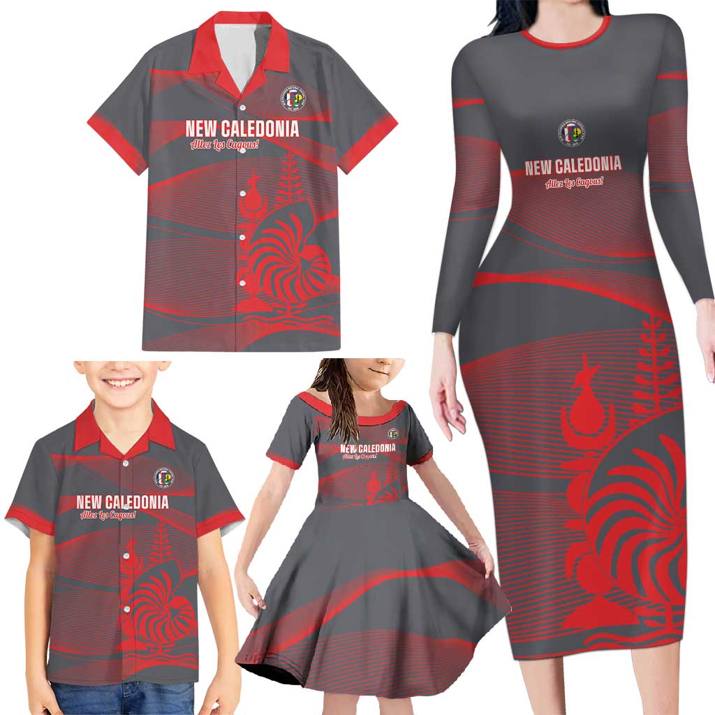 Custom New Caledonia Football Family Matching Long Sleeve Bodycon Dress and Hawaiian Shirt Allez Les Cagous Grey Version LT14 - Polynesian Pride