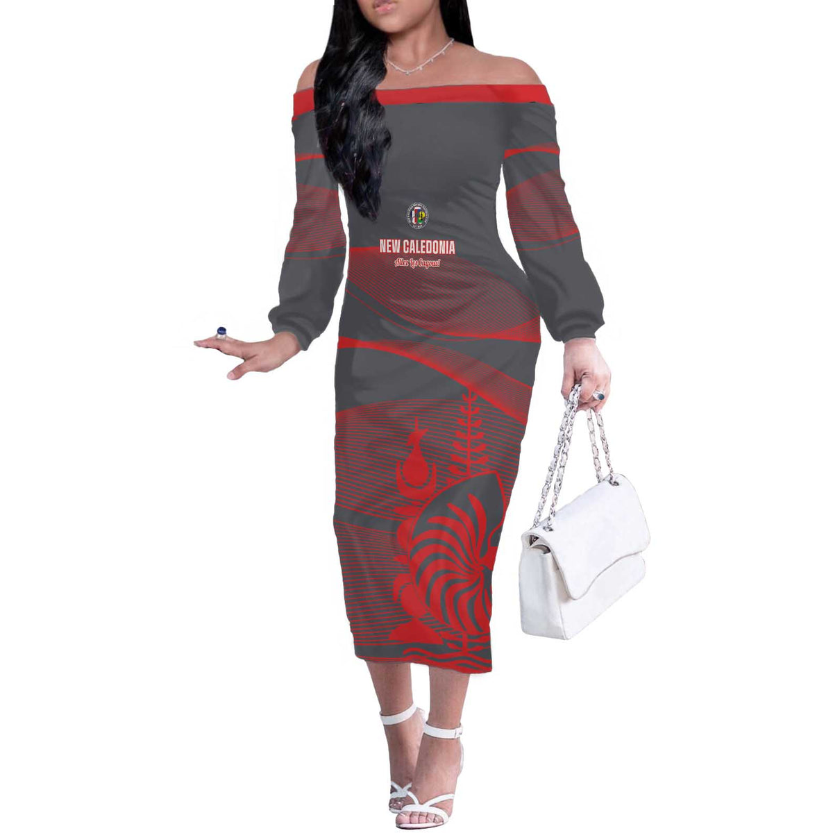 Custom New Caledonia Football Off The Shoulder Long Sleeve Dress Allez Les Cagous Grey Version LT14 Women Grey - Polynesian Pride