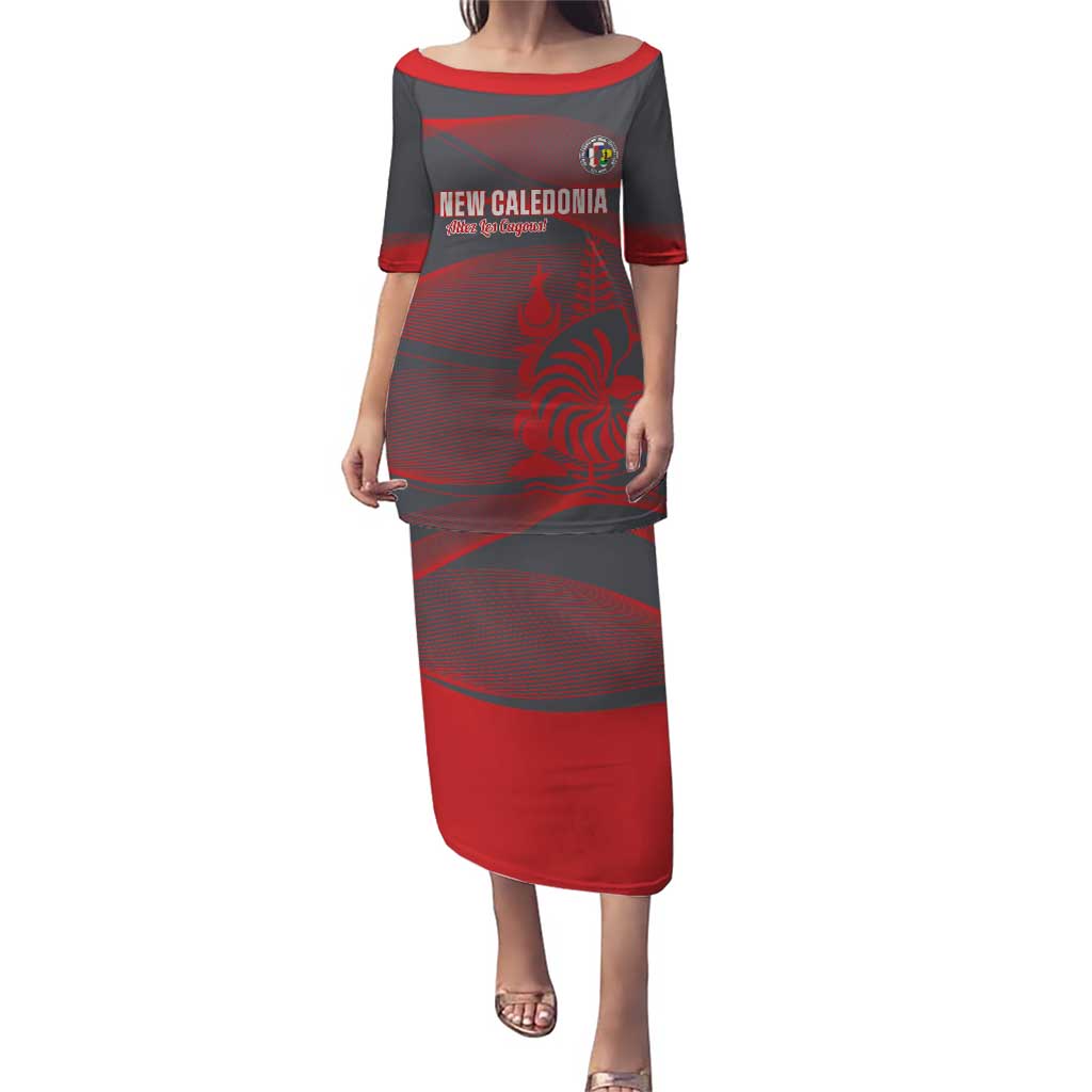 Custom New Caledonia Football Puletasi Allez Les Cagous Grey Version LT14 Long Dress Grey - Polynesian Pride