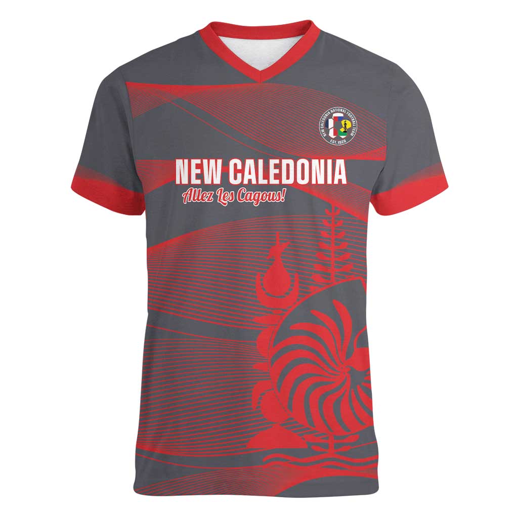 Custom New Caledonia Football Women V-Neck T-Shirt Allez Les Cagous Grey Version LT14 Female Grey - Polynesian Pride