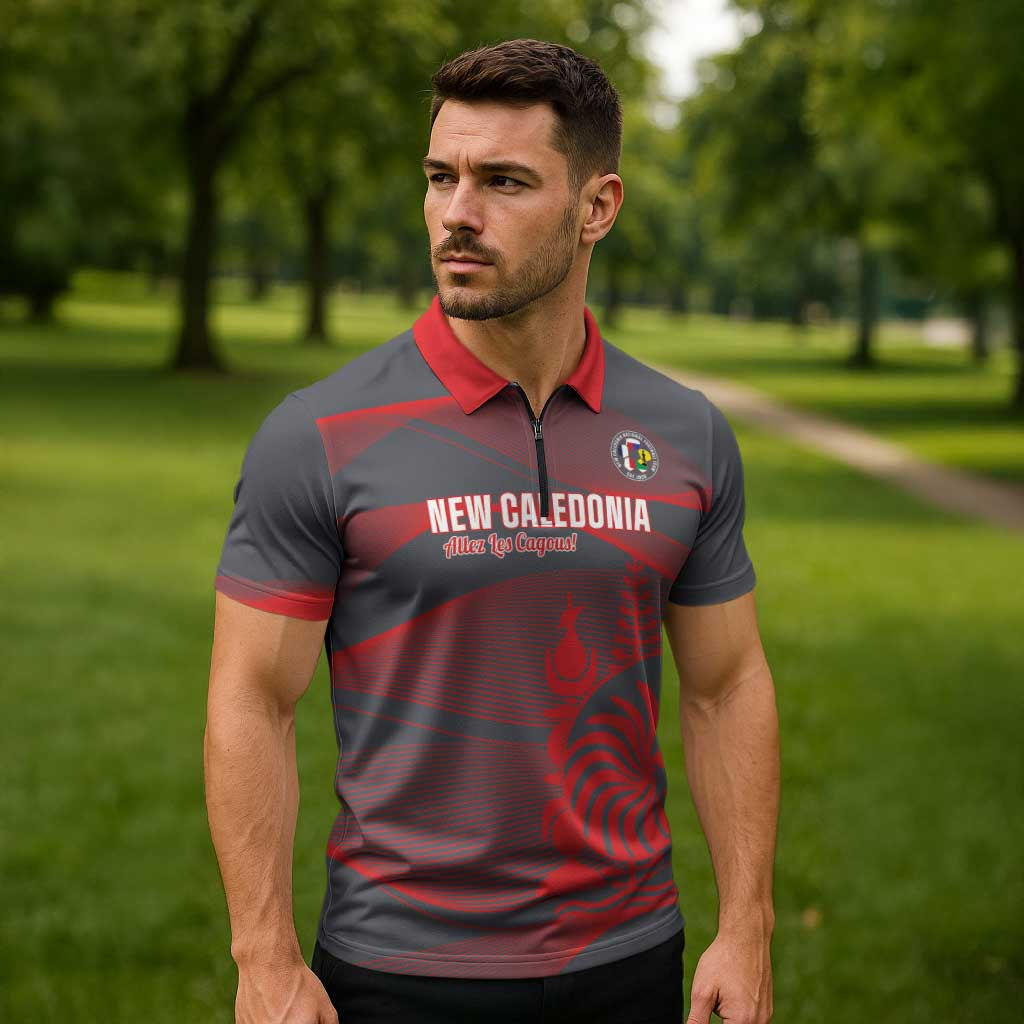 Custom New Caledonia Football Zipper Polo Shirt Allez Les Cagous Grey Version LT14 - Polynesian Pride